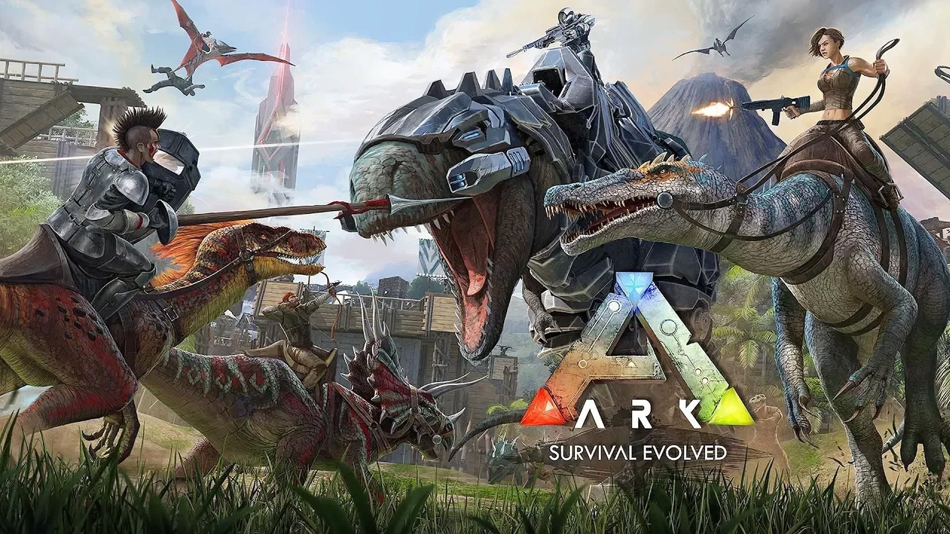 Dinosaurs with a background of Ark Survival Evolved environment